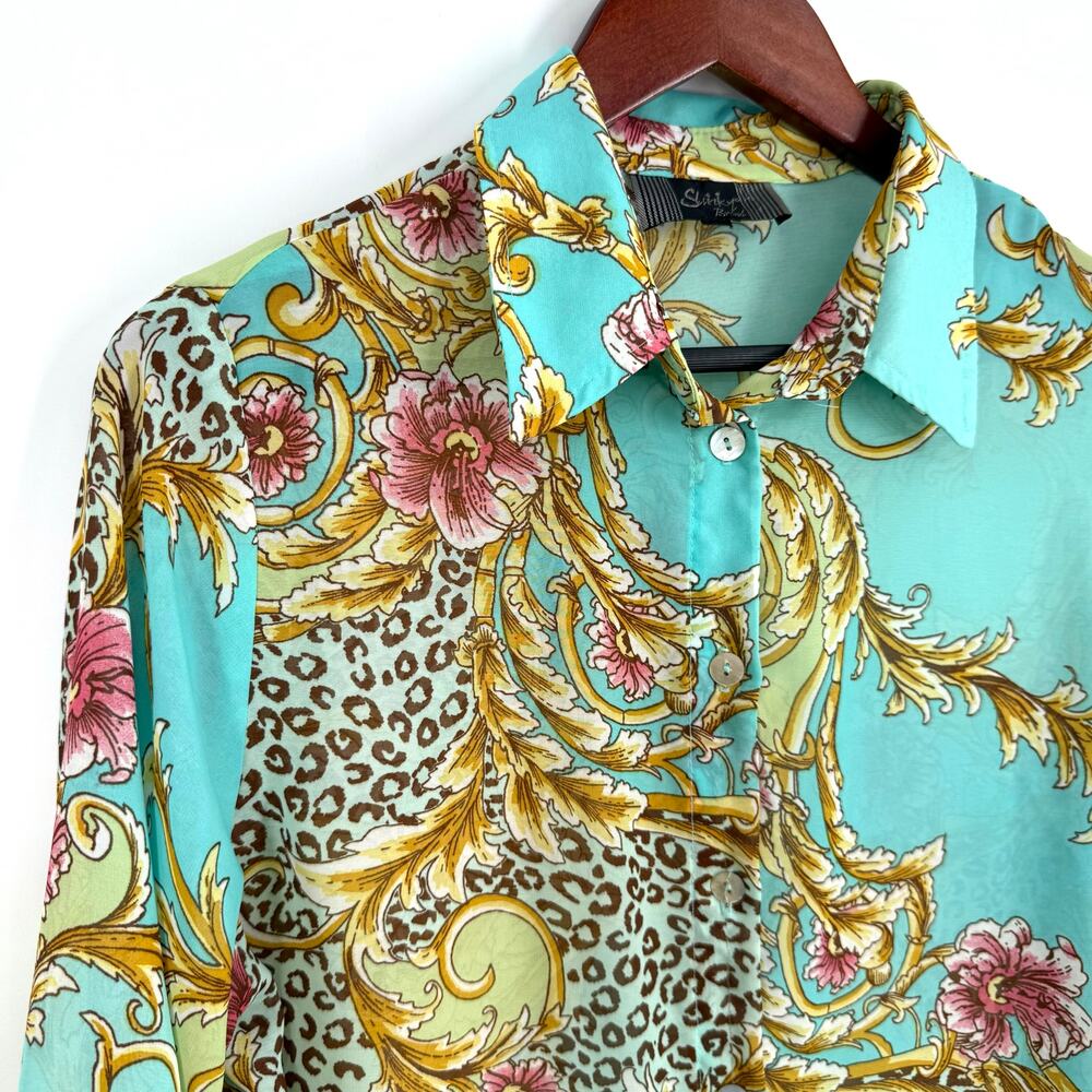 Slinky Brand Sz Large Super Sheer Tropical Floral Long Sleeve Blouse Shirt Top - Picture 3 of 9